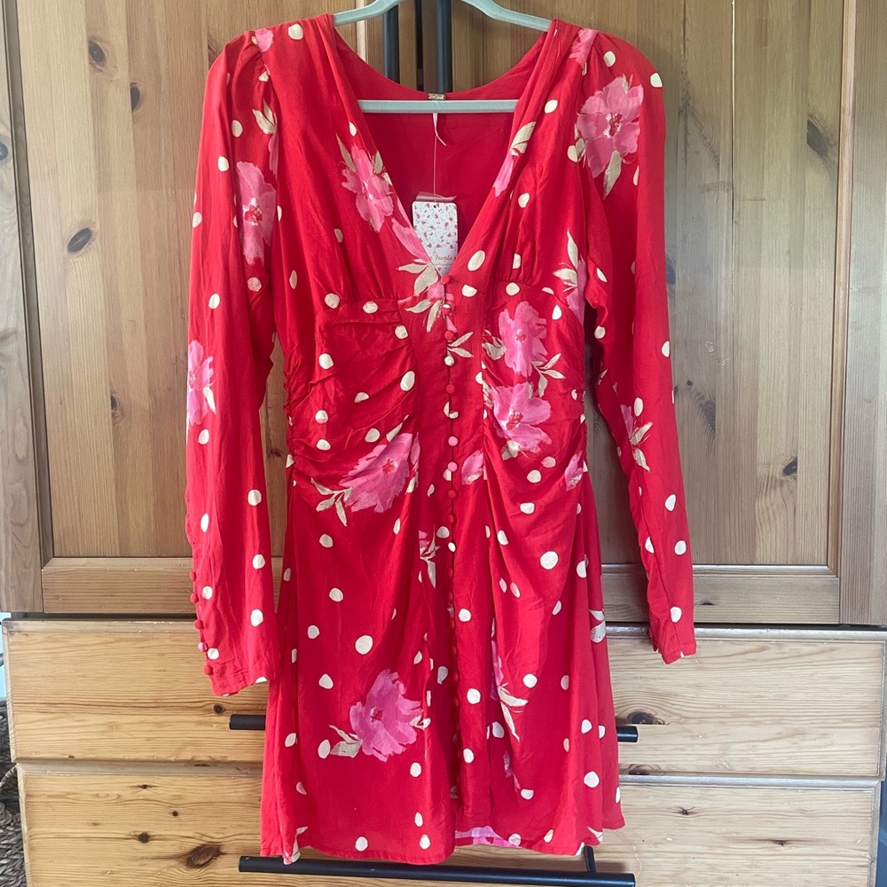 Free People Red Ruched Wrap Dress with Bishop Sleeves